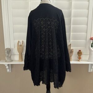 Logo By Lori Goldstein Eyelet Open Front Kimono Cardigan Black